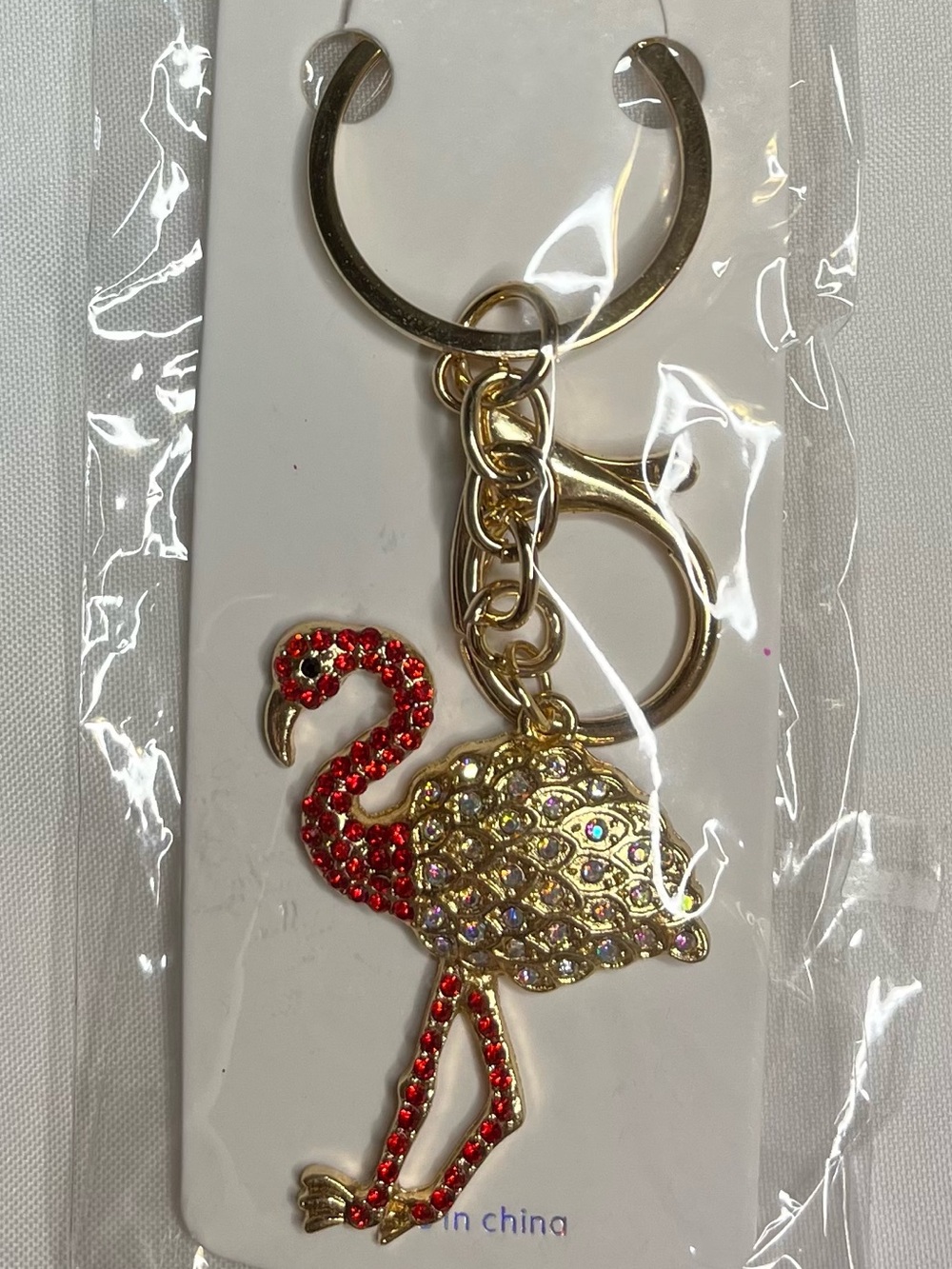Mint Gold Flamingo Bag Charm Key & Card Holder with Red Crystal Accents